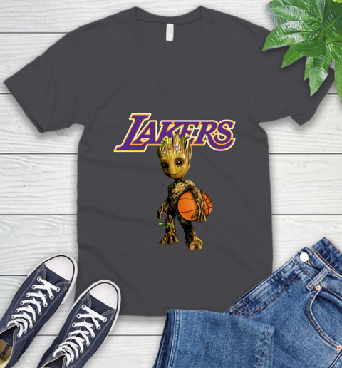 Los Angeles Lakers NBA Basketball Groot Marvel Guardians Of The Galaxy V-Neck T-Shirt 5