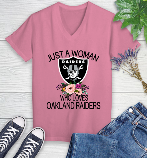 NFL Just A Woman Who Loves Oakland Raiders Football Sports Women's V-Neck T-Shirt 8
