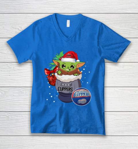 LA Clippers Christmas Baby Yoda Star Wars Funny Happy NBA V-Neck T-Shirt 6