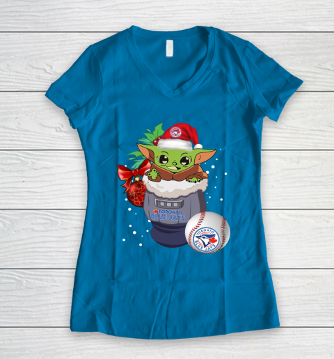 Toronto Blue Jays Christmas Baby Yoda Star Wars Funny Happy MLB Women's V-Neck T-Shirt 7