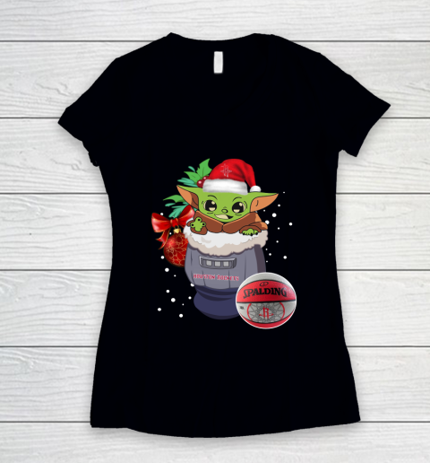 Houston Rockets Christmas Baby Yoda Star Wars Funny Happy NBA Women's V-Neck T-Shirt
