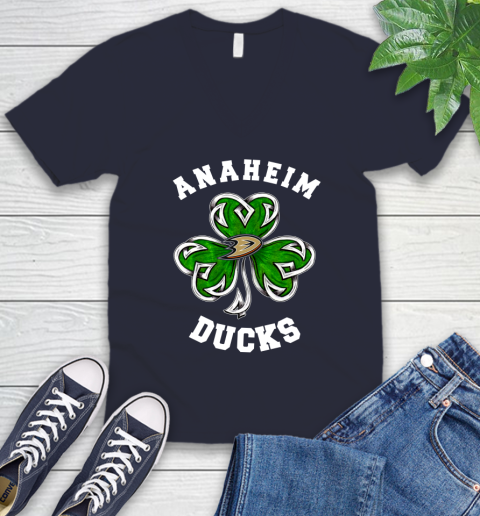 NHL Anaheim Ducks Three Leaf Clover St Patrick's Day Hockey Sports V-Neck T-Shirt 2