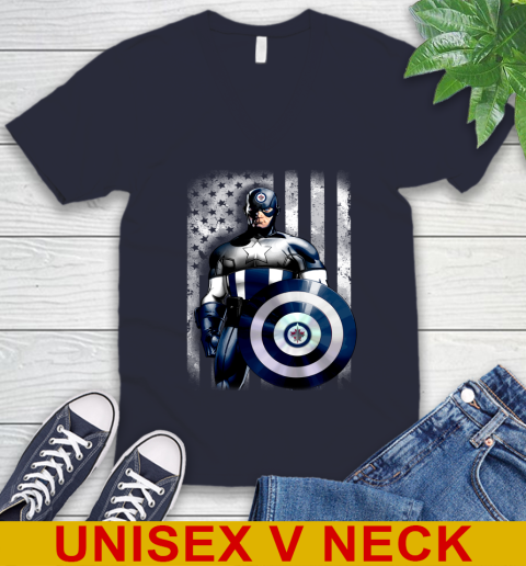 Winnipeg Jets NHL Hockey Captain America Marvel Avengers American Flag Shirt V-Neck T-Shirt 2