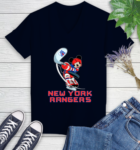 NHL Hockey New York Rangers Cheerful Mickey Mouse Shirt Women's V-Neck T-Shirt 3