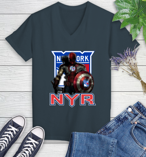 NHL Captain America Thor Spider Man Hawkeye Avengers Endgame Hockey New York Rangers Women's V-Neck T-Shirt 8