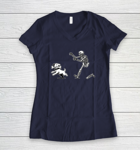 Halloween Dog, Funny Skeleton, Skeleton Chasing Dog Women's V-Neck T-Shirt 7