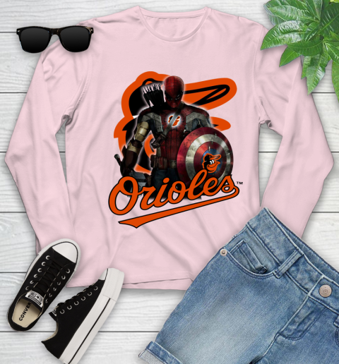 MLB Captain America Thor Spider Man Hawkeye Avengers Endgame Baseball Baltimore Orioles Youth Long Sleeve 10