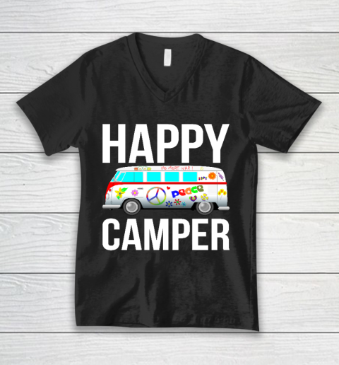 Happy Camper Camping Van Peace Sign Hippies 1970s Campers V-Neck T-Shirt
