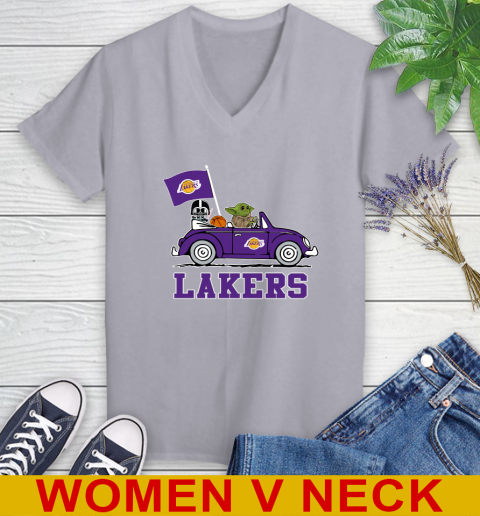 NBA Basketball Los Angeles Lakers Darth Vader Baby Yoda Driving Star Wars Shirt Women's V-Neck T-Shirt 5
