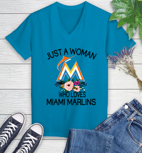 MLB Just A Woman Who Loves Miami Marlins Baseball Sports Women's V-Neck T-Shirt 4