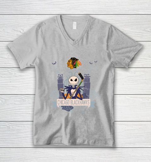 NHL Chicago Blackhawks Hockey Jack Skellington Halloween V-Neck T-Shirt 3