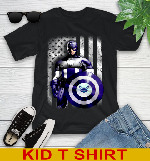 Charlotte Hornets NBA Basketball Captain America Marvel Avengers American Flag Shirt Youth T-Shirt