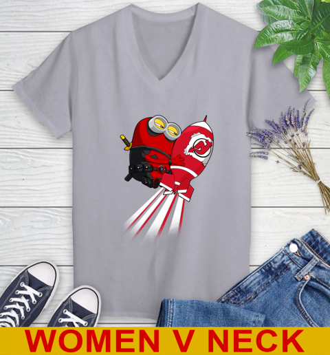 NHL Hockey New Jersey Devils Deadpool Minion Marvel Shirt Women's V-Neck T-Shirt 4