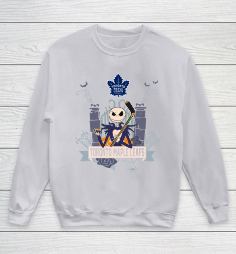NHL Toronto Maple Leafs Hockey Jack Skellington Halloween Youth Sweatshirt 3