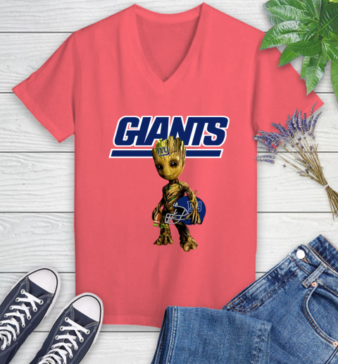 New York Giants NFL Football Groot Marvel Guardians Of The Galaxy Women's V-Neck T-Shirt 6