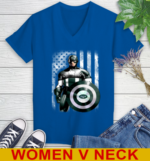New York Jets NFL Football Captain America Marvel Avengers American Flag Shirt Women's V-Neck T-Shirt 9