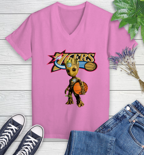 Philadelphia 76ers NBA Basketball Groot Marvel Guardians Of The Galaxy Women's V-Neck T-Shirt 14