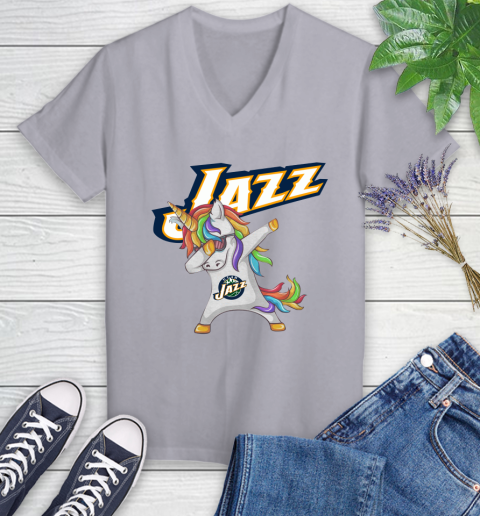 Utah Jazz NBA Basketball Funny Unicorn Dabbing Sports Women's V-Neck T-Shirt 4