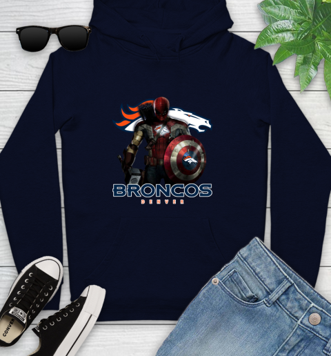 NFL Captain America Thor Spider Man Hawkeye Avengers Endgame Football Denver Broncos Youth Hoodie 4