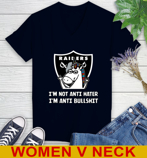 Oakland Raiders NFL Football Unicorn I'm Not Anti Hater I'm Anti Bullshit Women's V-Neck T-Shirt 3