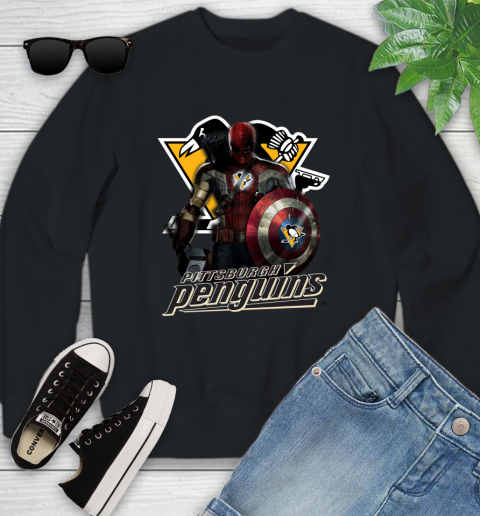 NHL Captain America Thor Spider Man Hawkeye Avengers Endgame Hockey Pittsburgh Penguins Youth Sweatshirt 2
