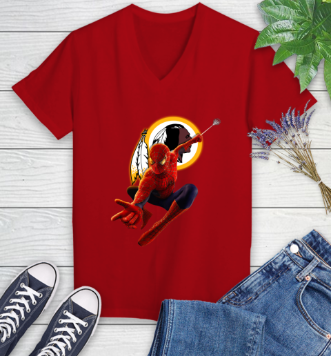 NFL Spider Man Avengers Endgame Football Washington Redskins Women's V-Neck T-Shirt 12