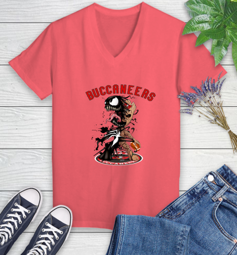 NFL Tampa Bay Buccaneers Football Venom Groot Guardians Of The Galaxy Women's V-Neck T-Shirt 6