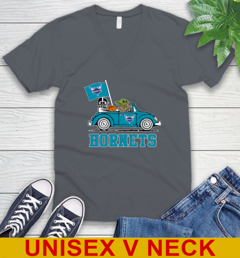 NBA Basketball Charlotte Hornets Darth Vader Baby Yoda Driving Star Wars Shirt V-Neck T-Shirt 5