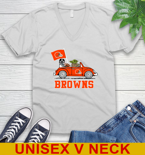 NFL Football Cleveland Browns Darth Vader Baby Yoda Driving Star Wars Shirt V-Neck T-Shirt