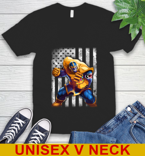 NHL Hockey Carolina Hurricanes Thanos Marvel American Flag Shirt V-Neck T-Shirt