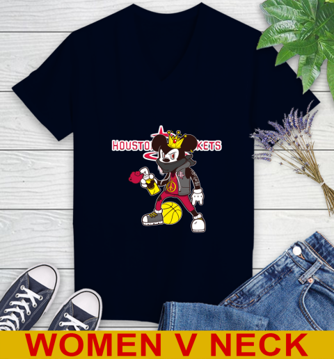 Houston Rockets NBA Basketball Mickey Peace Sign Sports Women's V-Neck T-Shirt 3