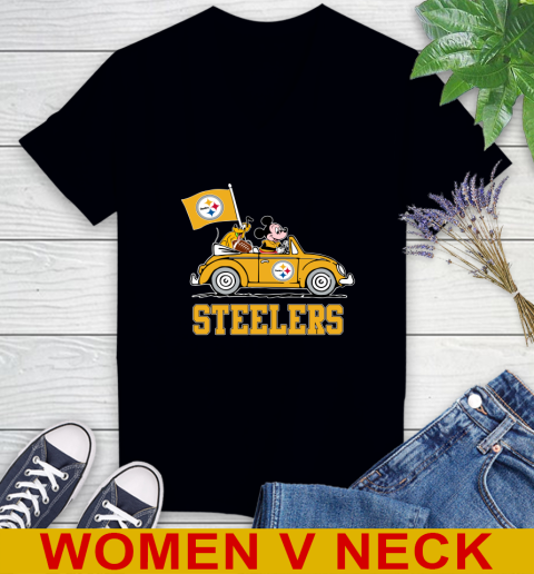 NFL Football Pittsburgh Steelers Pluto Mickey Driving Disney Shirt Women's V-Neck T-Shirt 2