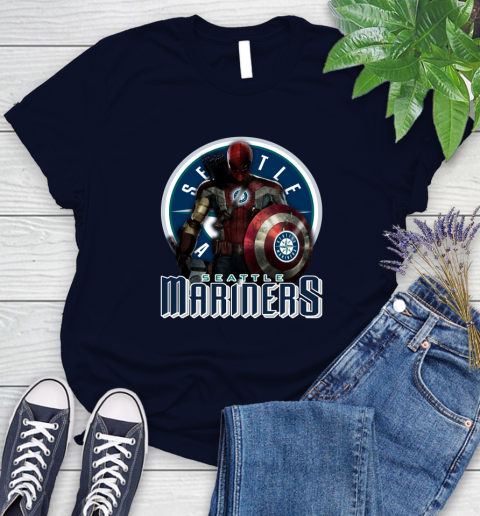 MLB Captain America Thor Spider Man Hawkeye Avengers Endgame Baseball Seattle Mariners Women's T-Shirt 3
