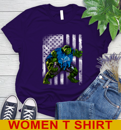 Detroit Lions Hulk Marvel Avengers NFL Football American Flag Women's T-Shirt 4