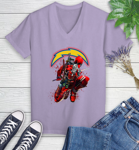 NFL Deadpool Marvel Comics Sports Football Los Angeles Chargers Women's V-Neck T-Shirt 14