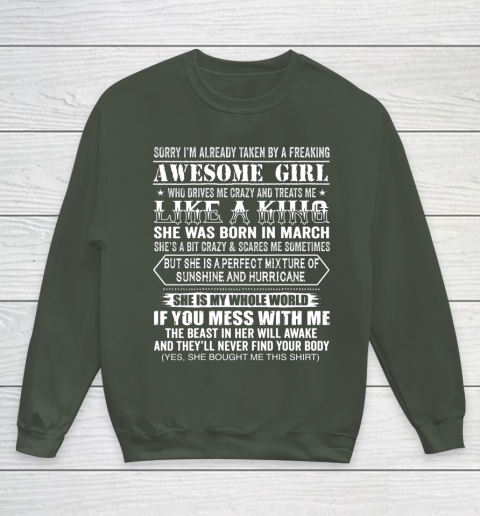 Sorry I m Already Taken by a Freaking Awesome Girl March Birthday Youth Sweatshirt 8