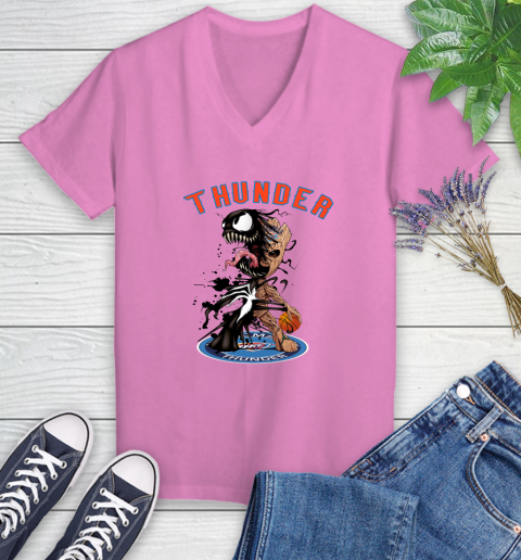 NBA Oklahoma City Thunder Basketball Venom Groot Guardians Of The Galaxy Women's V-Neck T-Shirt 14