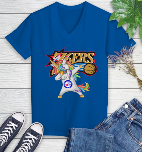 Philadelphia 76ers NBA Basketball Funny Unicorn Dabbing Sports Women's V-Neck T-Shirt 10