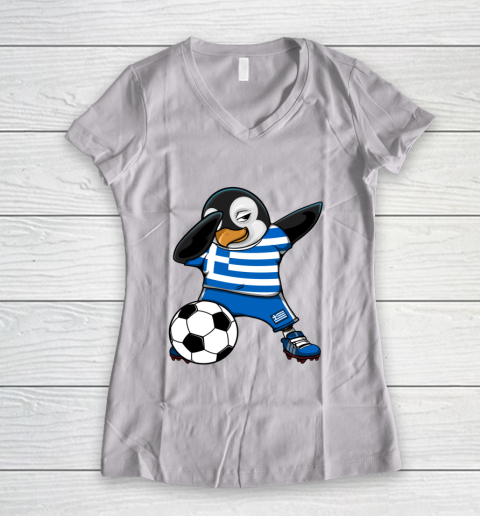 Dabbing Penguin Greece Soccer Fans Jersey Football Lovers Women's V-Neck T-Shirt