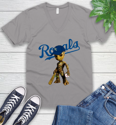 MLB Kansas City Royals Groot Guardians Of The Galaxy Baseball V-Neck T-Shirt 4