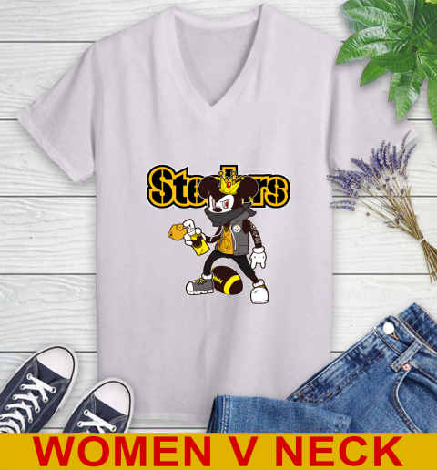 Pittsburgh Steelers NFL Football Mickey Peace Sign Sports Women's V-Neck T-Shirt