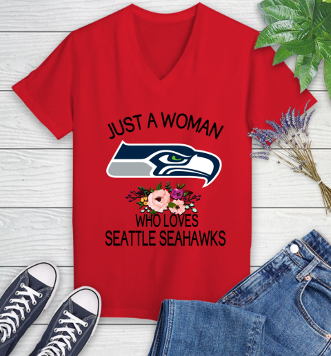 NFL Just A Woman Who Loves Seattle Seahawks Football Sports Women's V-Neck T-Shirt 7