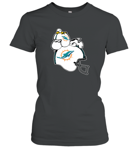 kcon snoopy and woodstock resting on minami dolphins helmet ladies t shirt 20 front black
