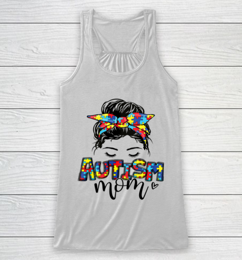 Autism Mom Messy Bun Hair Puzzle Mother s Day Funny Racerback Tank