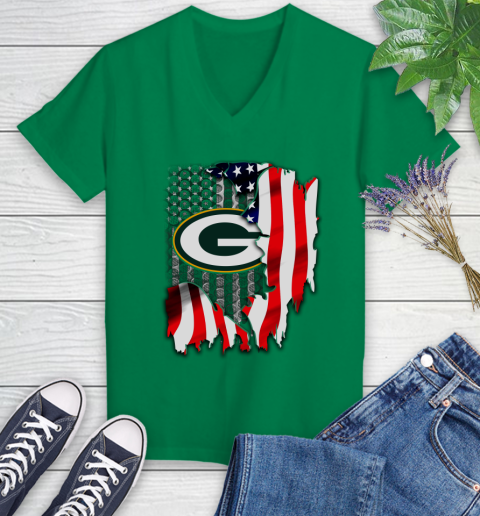 Green Bay Packers NFL Football American Flag Women's V-Neck T-Shirt 5