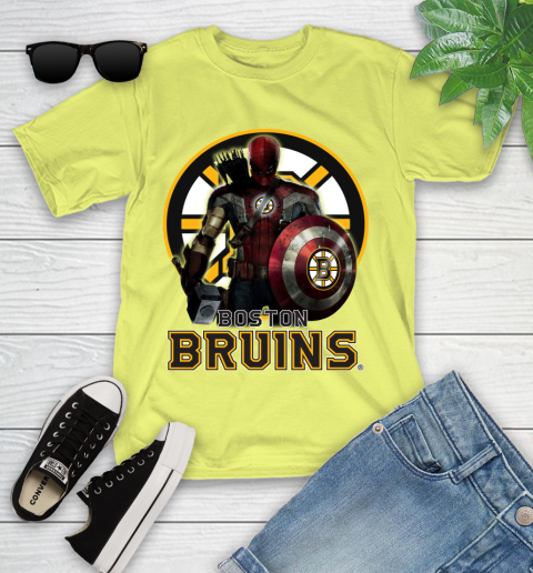 NHL Captain America Thor Spider Man Hawkeye Avengers Endgame Hockey Boston Bruins Youth T-Shirt 8