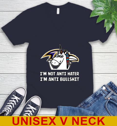 Baltimore Ravens NFL Football Unicorn I'm Not Anti Hater I'm Anti Bullshit V-Neck T-Shirt 3