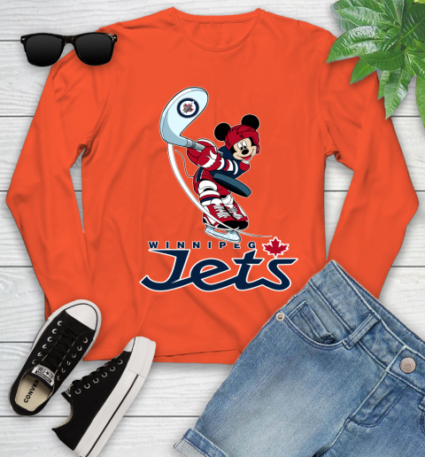 NHL Hockey Winnipeg Jets Cheerful Mickey Mouse Shirt Youth Long Sleeve 4