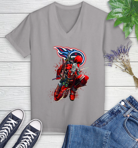 NFL Deadpool Marvel Comics Sports Football Tennessee Titans Women's V-Neck T-Shirt 4