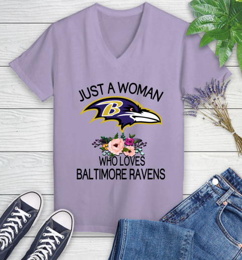 NFL Just A Woman Who Loves Baltimore Ravens Football Sports Women's V-Neck T-Shirt 9